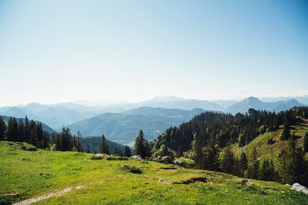 Urlaub mit Kindern: Eine grüne, mittelhohe Berglandschaft