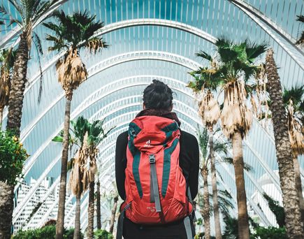Städtereisen: Eine Person mit Rucksack steht zwischen einer Palmenallee unter einem riesigen modernen Glasdach