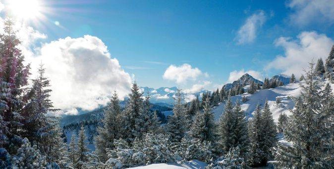 Winterurlaub in den Bergen: Eine idyllische, menschenleere, verschneite Berglandschaft mit Bäumen