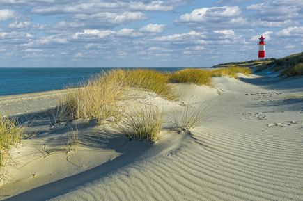 Urlaub in DE: Ein weißer Strand mit Dünengras und einem rot-weißen Leuchtturm.