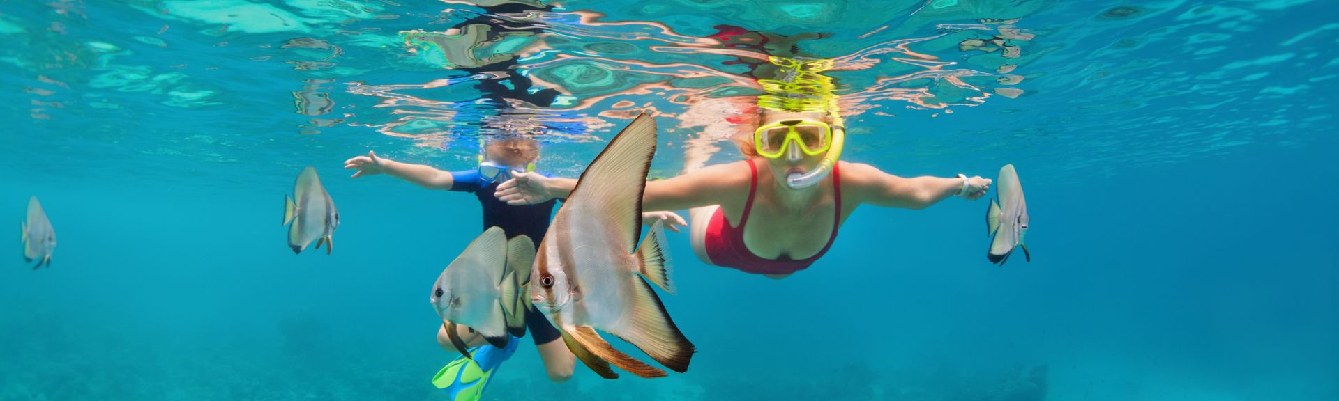 Aktivurlaub: Eine Frau und ein Kind schnorcheln im klaren Wasser mit Fischen